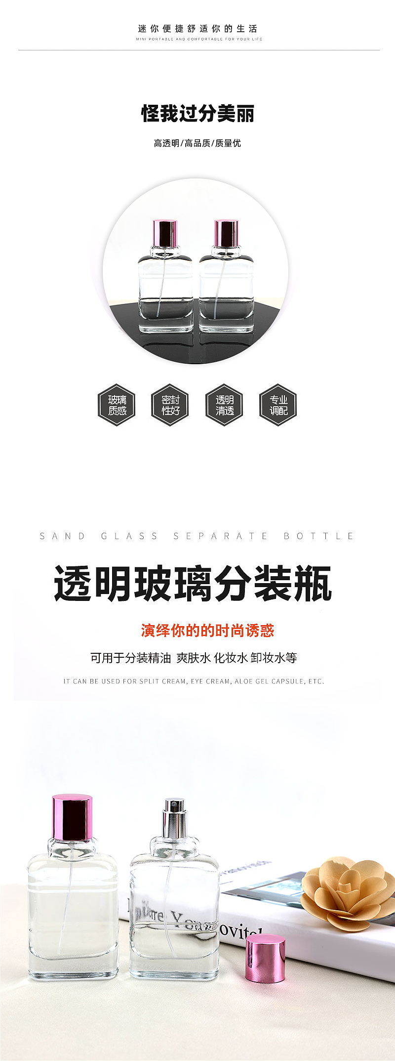 新款扁方形香水瓶圆形盖喷雾瓶高档香水分装瓶玻璃化妆品包装瓶详情4