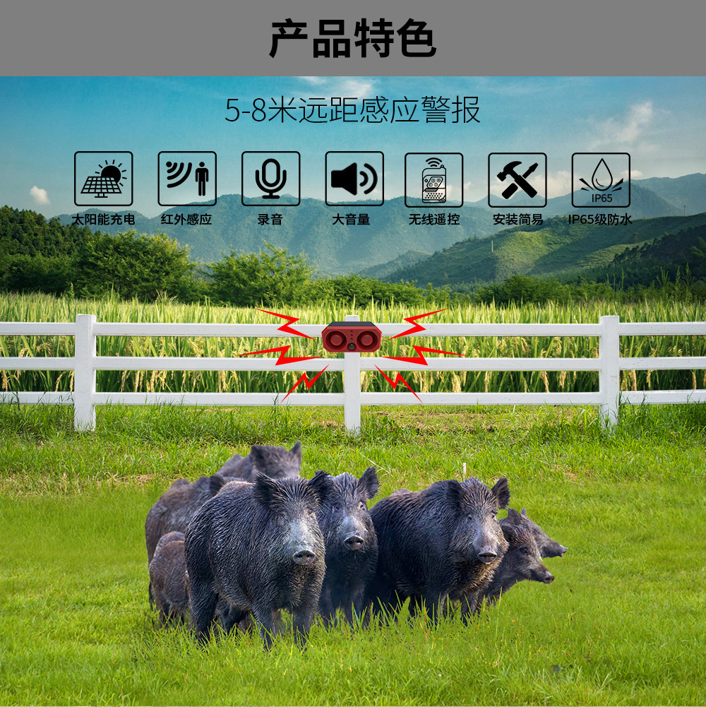 【驱兽器】赶野猪太阳能警报灯报警器广播大喇叭24H感应晚上定时详情2