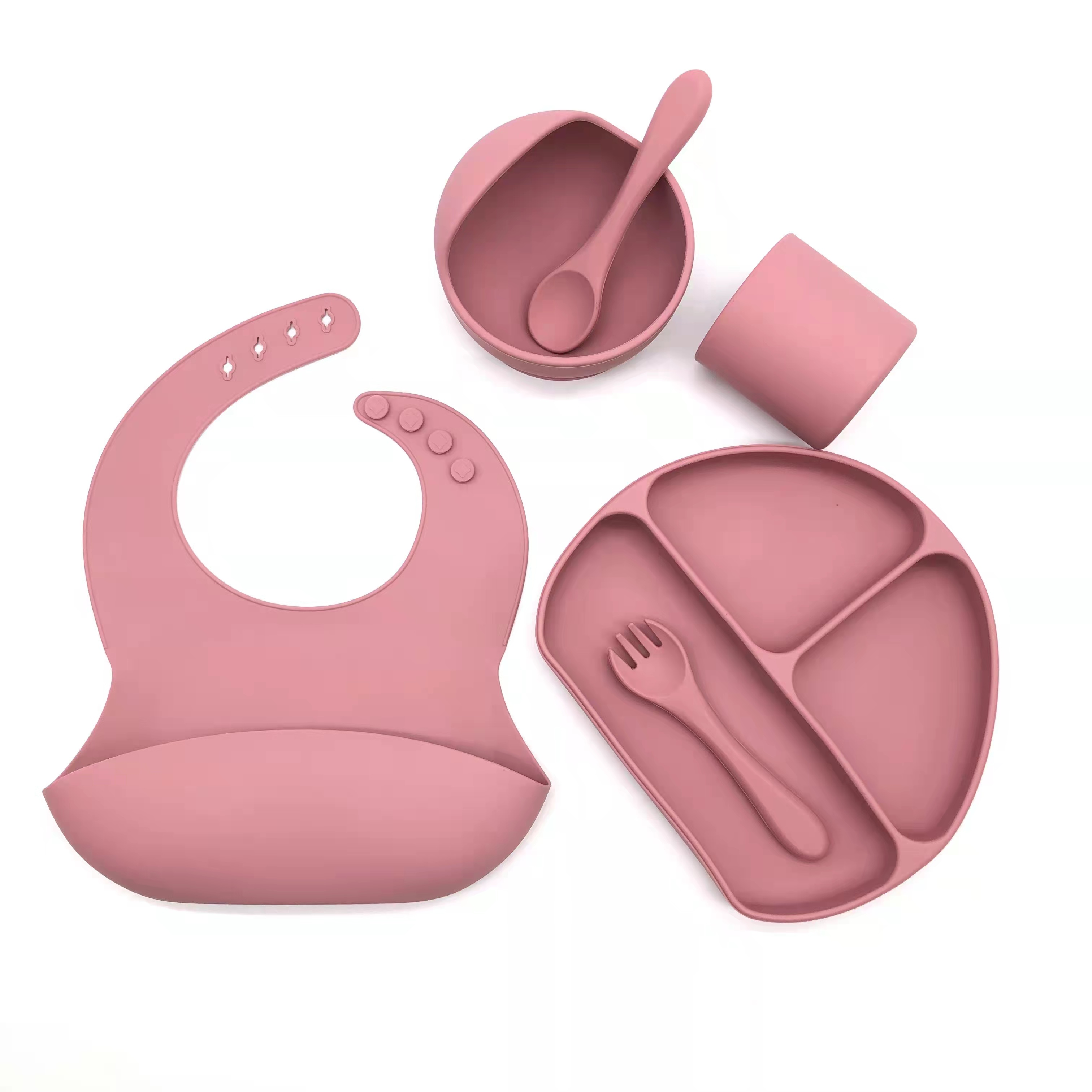 Baby silicone tableware set, food-grade children's and babies' complementary food bowls, plates, forks, spoons, silicone baby and maternal products