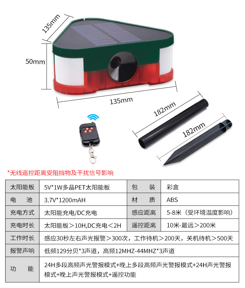 太阳能报警器人体红外感应灯太阳能遥控报警灯防盗动物驱赶警示器详情11