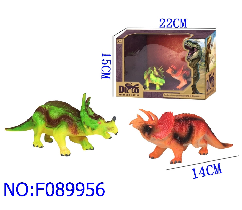 2023新款实心恐龙2只英文展示盒装外销爆款三角龙霸王龙棘背龙模型玩具地摊商场学校旁小卖部热销仿真玩具男孩玩具