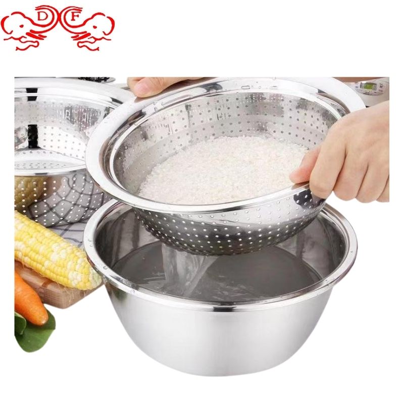 加厚圆形不锈钢盆/漏水盆/洗米筛/沥水洗菜盆/果篮/DF TRADINGHOUSE白底实物图