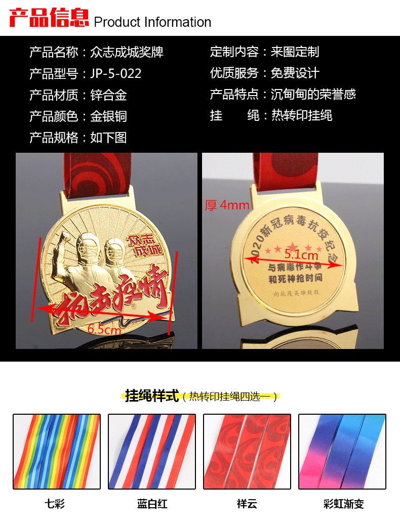 小嘟嘟XDJZ-JP-5-022抗疫奖牌新冠抗疫纪念品志愿者荣誉奖章抗疫奖牌详情5
