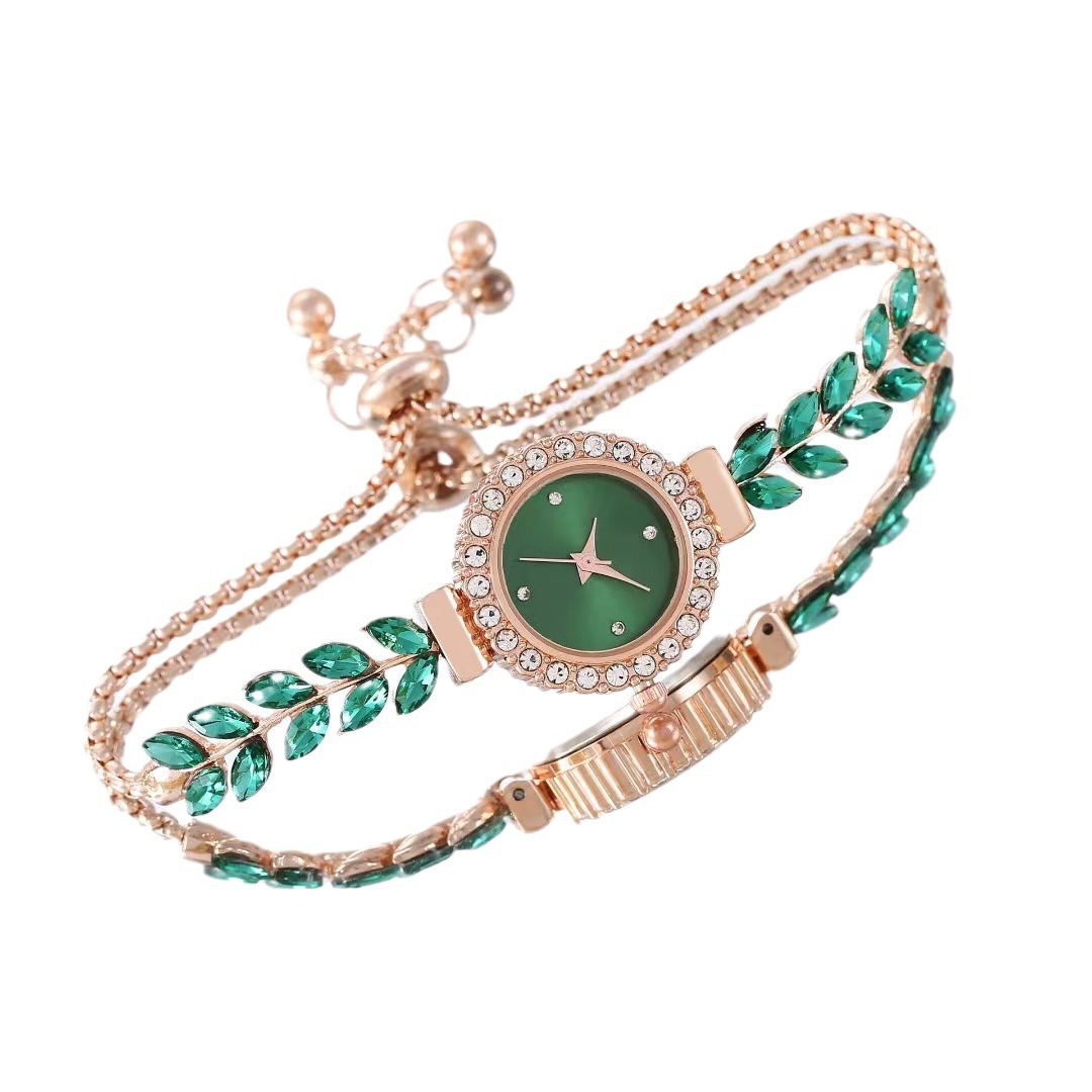 轻奢小绿表跨境女石英表圆形镶钻手链表彩色时尚复古高级珠宝手表 详情11