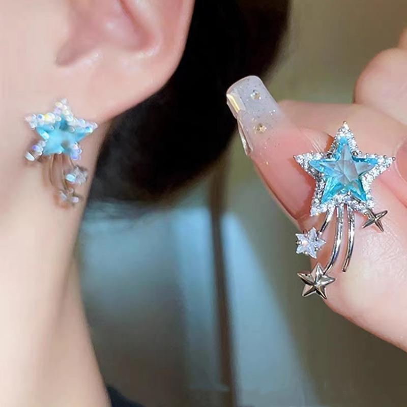 Korean-style fashionable five-pointed star earrings, a pair of blue zircon Specification image