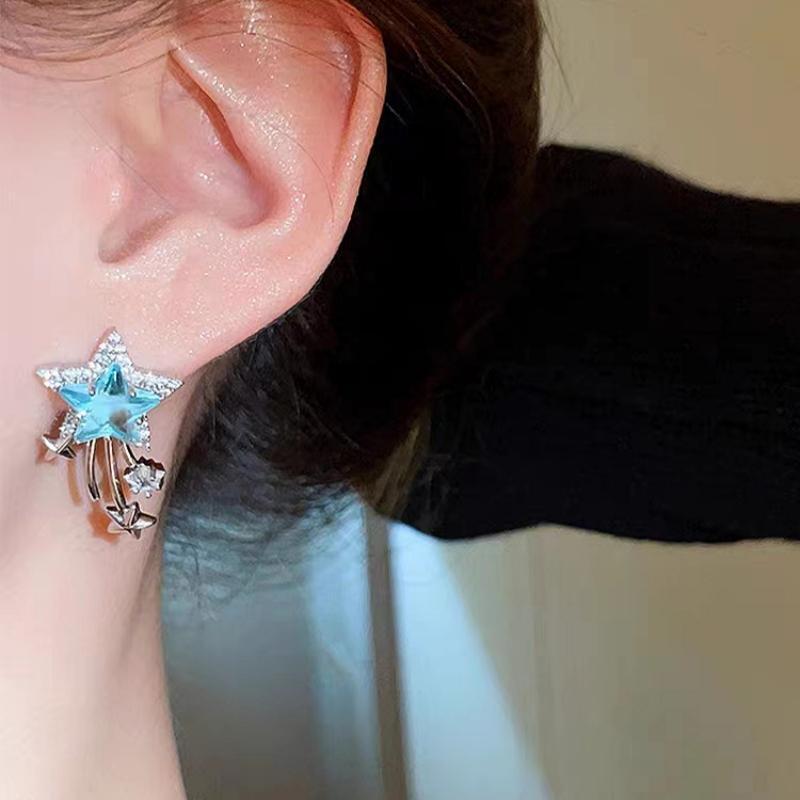 Korean-style fashionable five-pointed star earrings, a pair of blue zircon