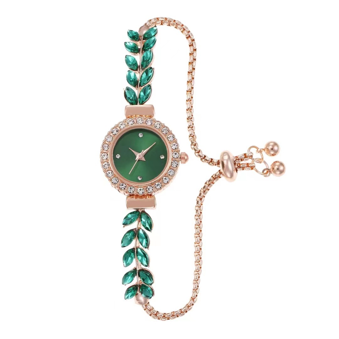 轻奢小绿表跨境女石英表圆形镶钻手链表彩色时尚复古高级珠宝手表 详情图1