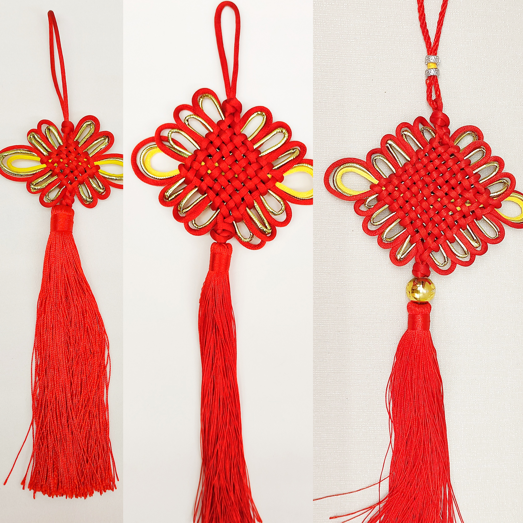 Thick 4# two-color flower knot with red, yellow and gold thread color, Chinese knot, festive accessory, exquisite tassel with ethnic style, red, yellow flower and gold thread knot, set decoration Item Picture