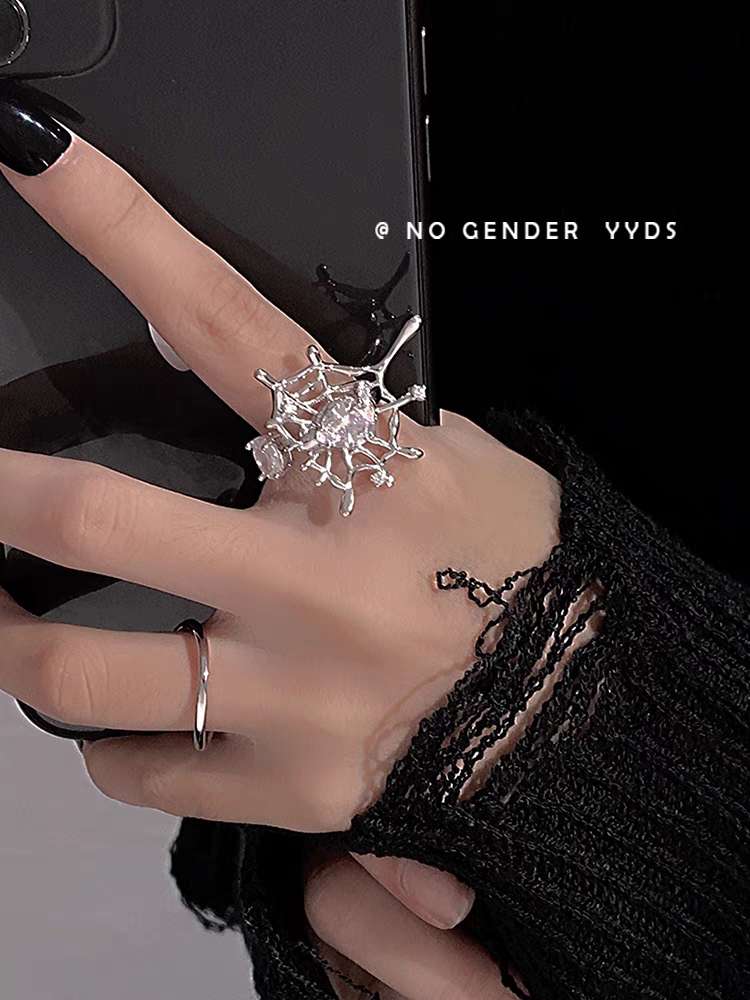 Xin Ai Lian 2302 Spider-web-like Copper Zircon Open Adjustable Ring Specification image