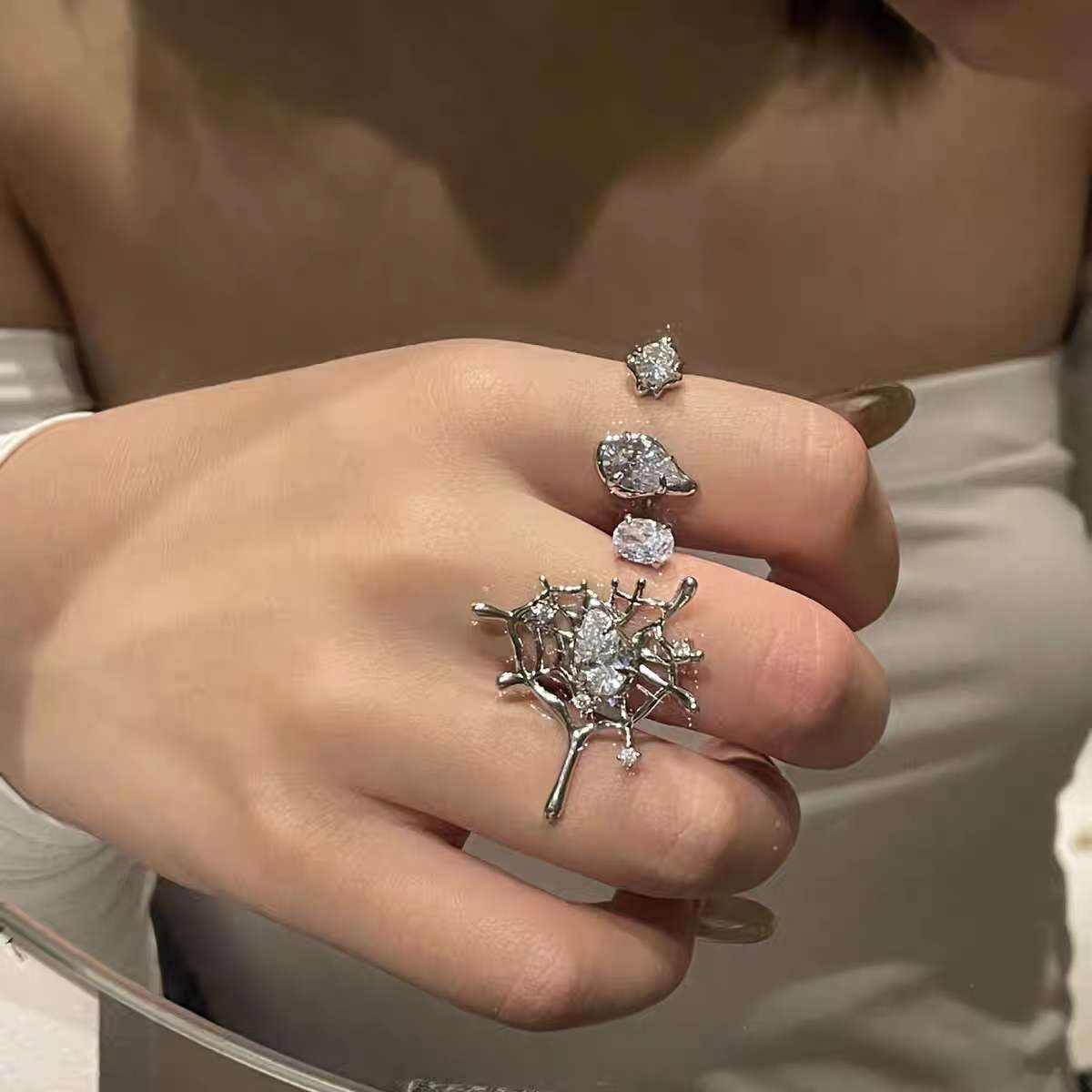 Xin Ai Lian 2302 Spider-web-like Copper Zircon Open Adjustable Ring Item Picture