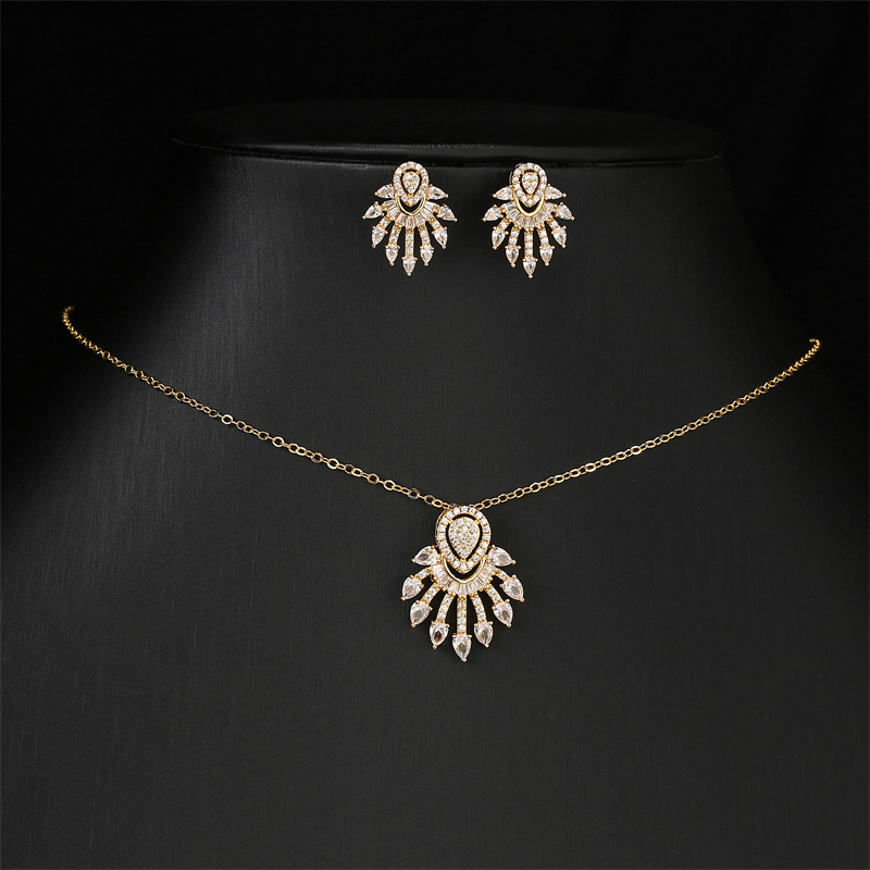 New European and American fashion style, with dazzling tassels and teardrop-shaped zircon stud earrings necklace and collarbone chain two-piece set Specification image