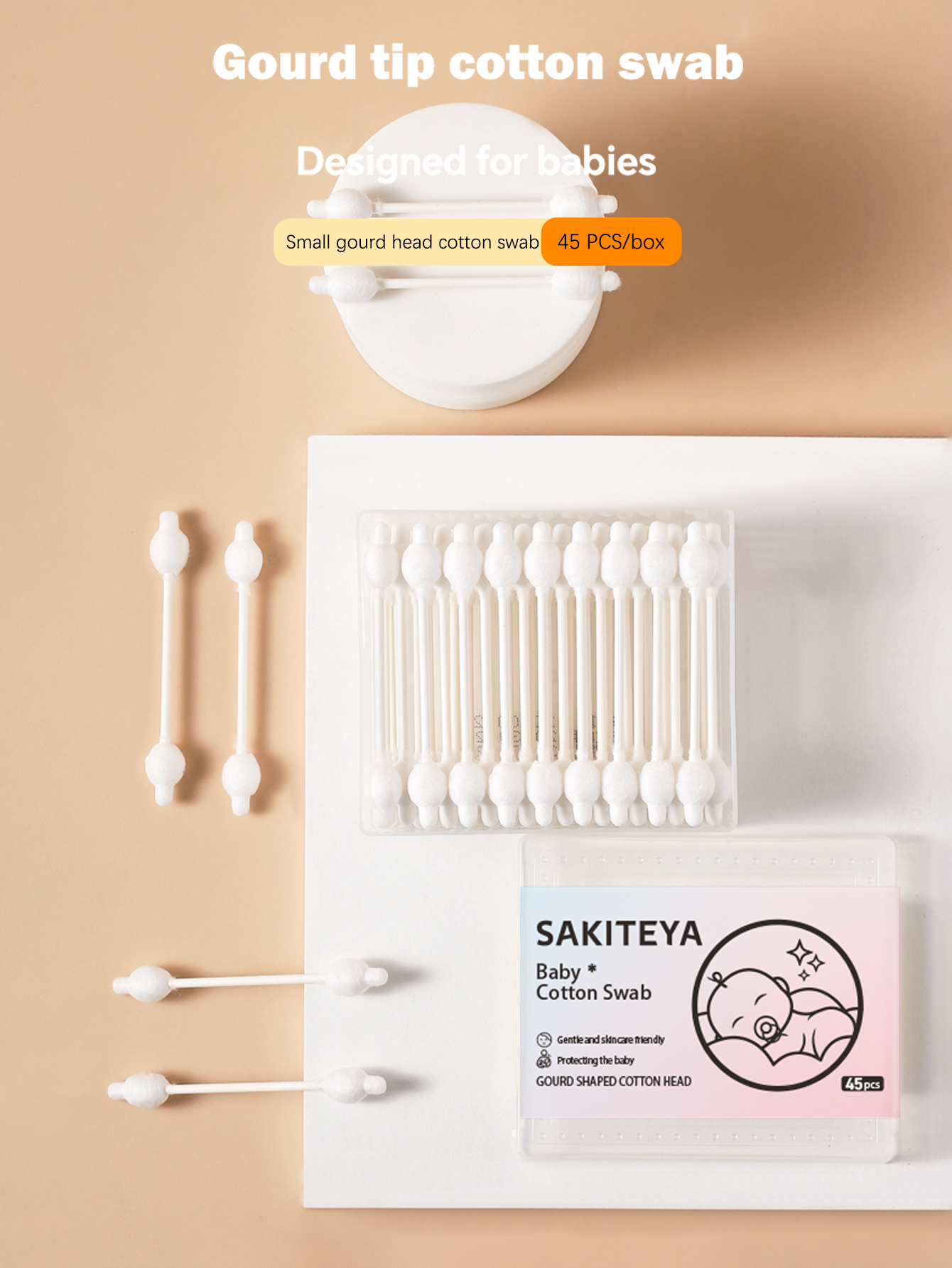 The original manufacturer of 45 biodegradable cotton swabs for children and infants in plastic boxes with gourd heads.