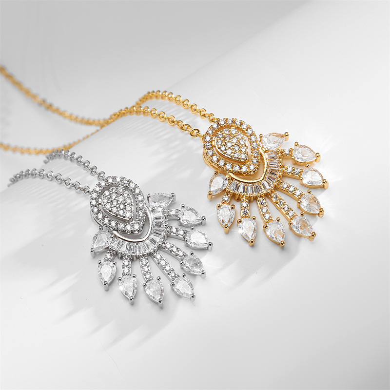 New European and American fashion style, with dazzling tassels and teardrop-shaped zircon stud earrings necklace and collarbone chain two-piece set Item Picture