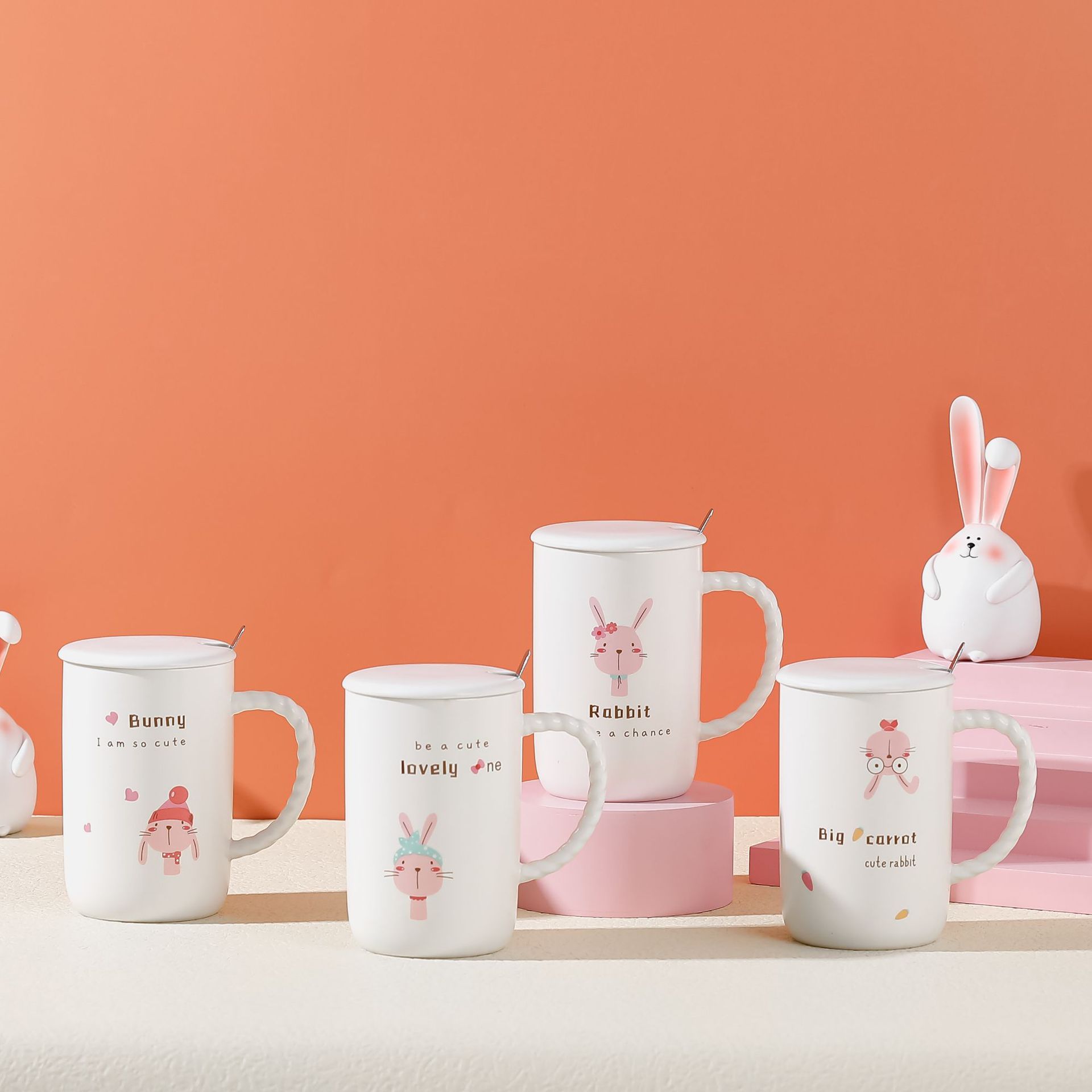 北欧风陶瓷杯水杯子办公室杯子马克杯带盖带勺子日用杯卡通杯子 61图