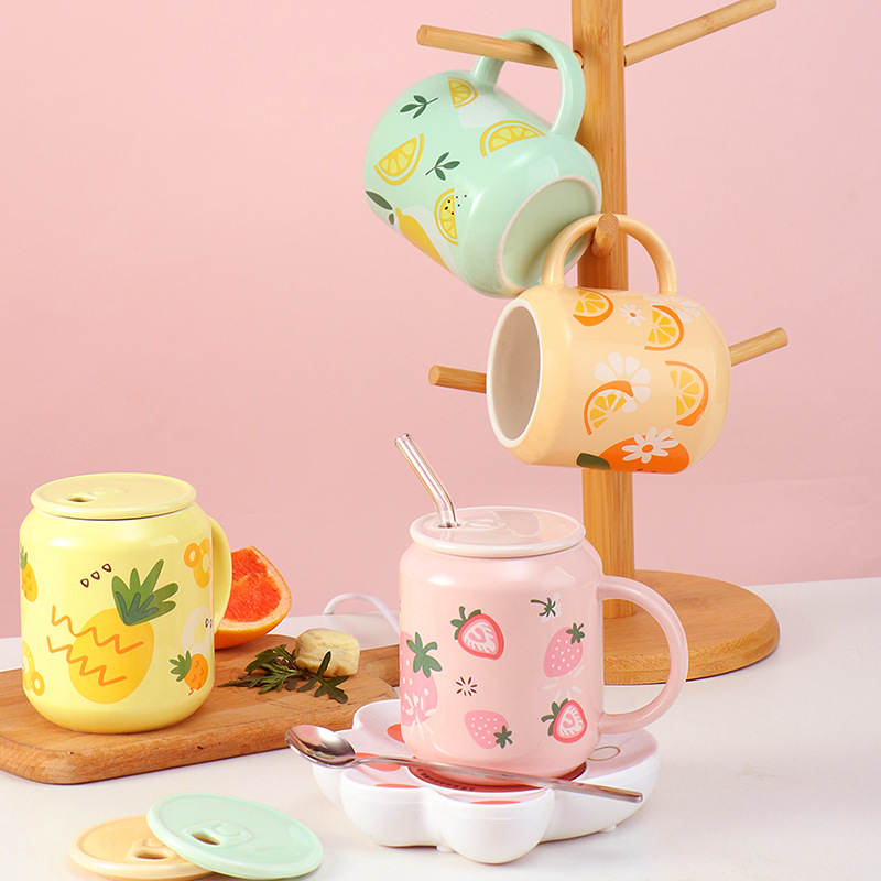 Nordic-style ceramic water cup, office cup, mug with lid and spoon, daily-use cup, cartoon cup 1355