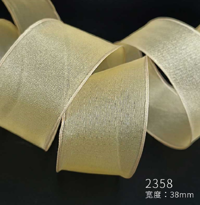 Item No. 2358 Christmas Gift Packaging Decoration DIY Champagne Gold Shiny Mesh Beige Edge Christmas Webbing 3.8cm Christmas Daily Necessities
