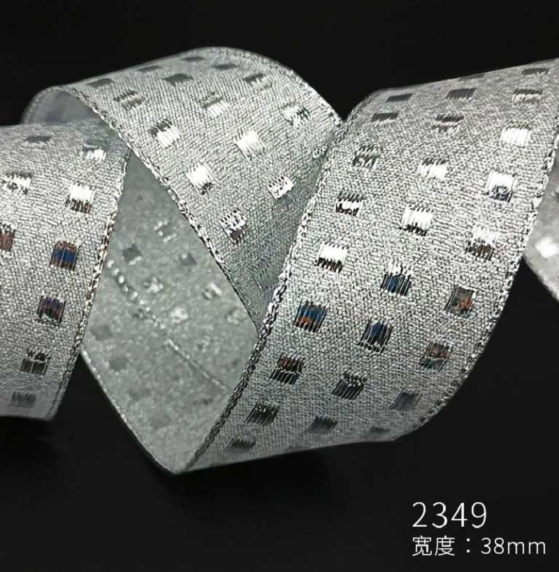 货号：2349圣诞礼品包装装饰DIY尼龙方格银葱银边圣诞织带  3.8cm圣诞用品圣诞树