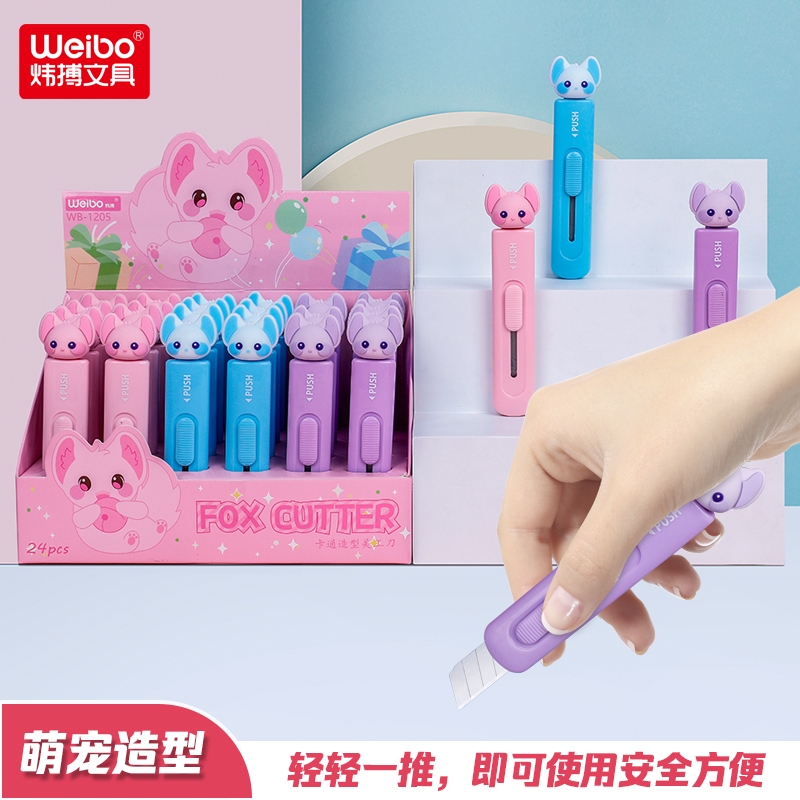 Weibo Stationery Cartoon Mini Fox Push Knife, manual paper cutting knife, telescopic portable express box opener