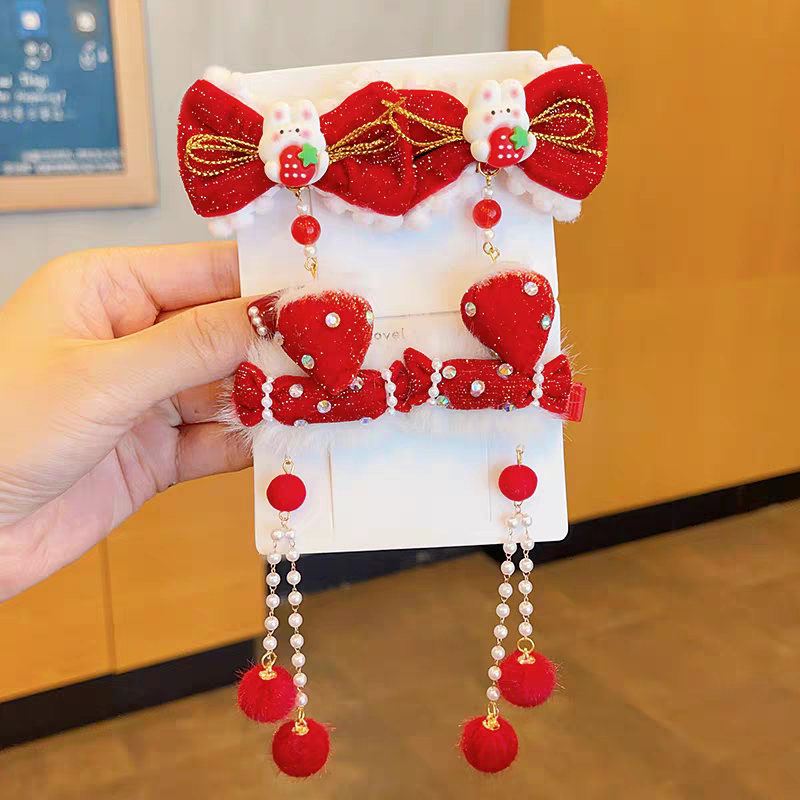Children's New Year hair clips, Chinese-style princess red bow, ancient-style tassel hair clips, girls' Hanfu New Year hair accessories, national trend series Specification image