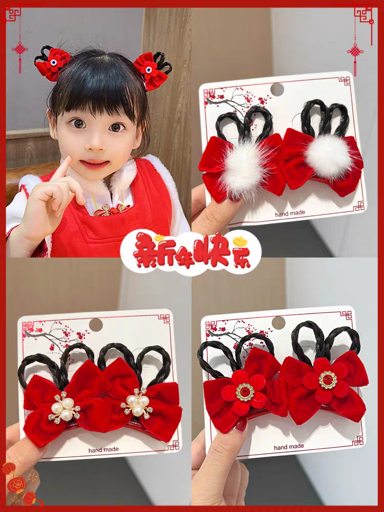 New Year bow hair clip, children's false braid, red Chinese-style baby Hanfu hair clip, New Year pair hair accessory, national trend series Specification image