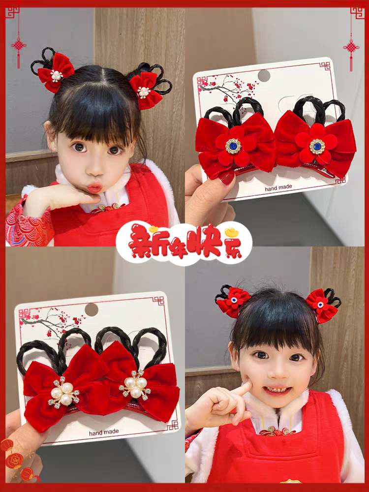 New Year bow hair clip, children's false braid, red Chinese-style baby Hanfu hair clip, New Year pair hair accessory, national trend series detail image 4