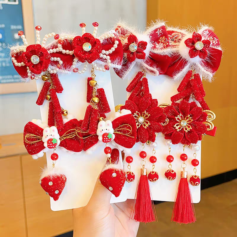 Children's New Year hair clips, Chinese-style princess red bow, ancient-style tassel hair clips, girls' Hanfu New Year hair accessories, national trend series details Picture