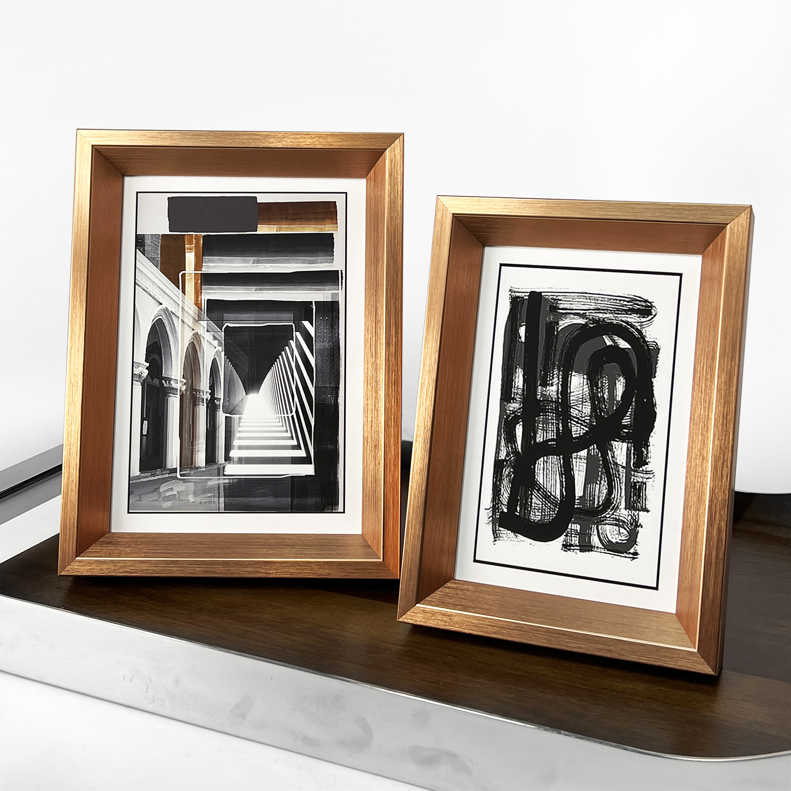 Modern light luxury style brushed bronze gold solid wood photo frame thumbnail