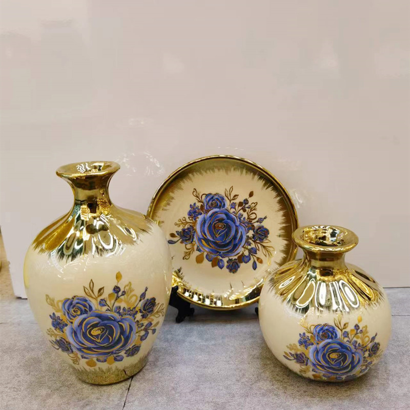 New gold-plated ceramic set, vase decoration cabinet, entrance hall three-piece decorative item pic 5