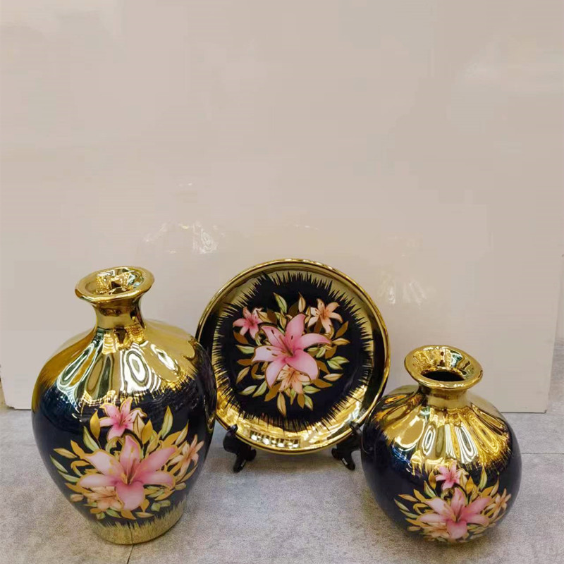 New gold-plated ceramic set, vase decoration cabinet, entrance hall three-piece decorative item pic 7