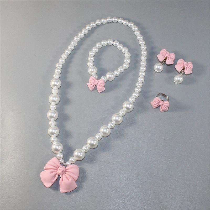 儿童项链女童蝴蝶结手链可爱女孩戒指耳环耳夹无耳洞公主首饰套装