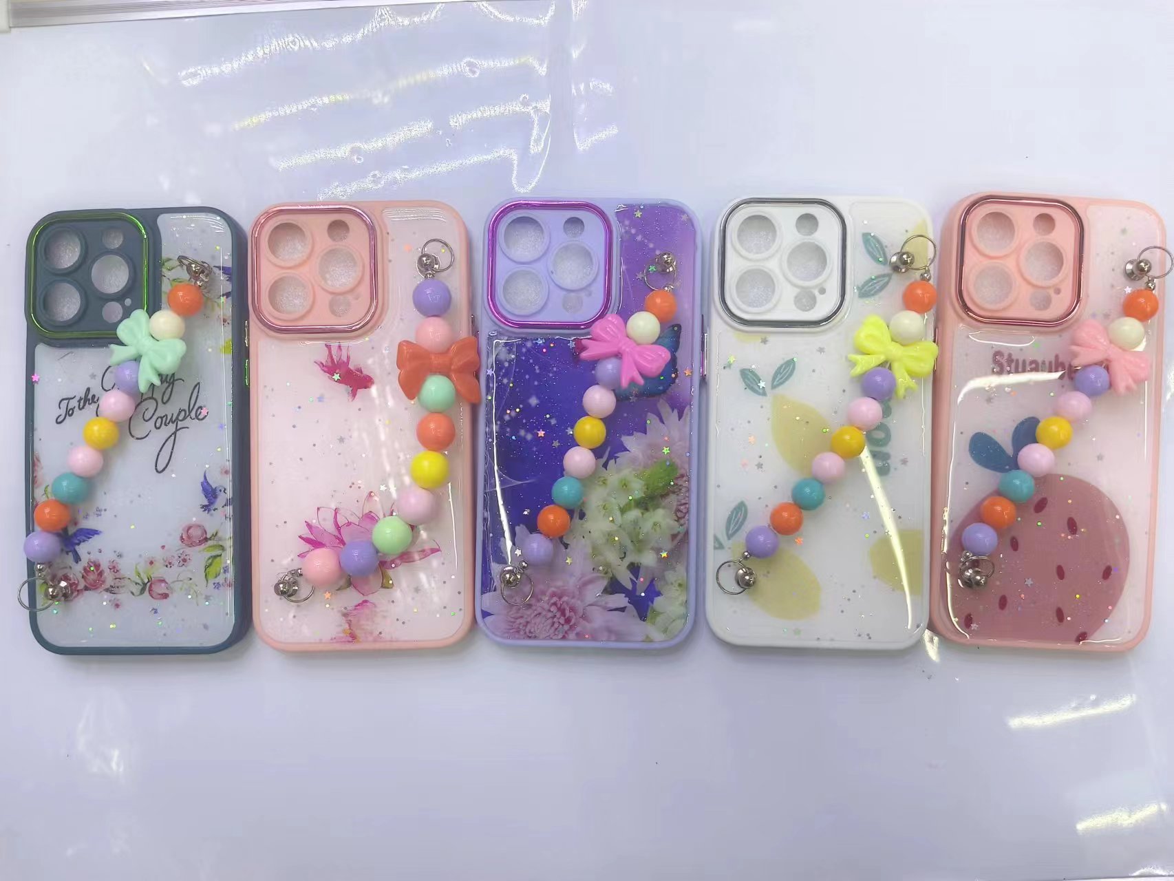 Glitter drop glue pearl lanyard phone case