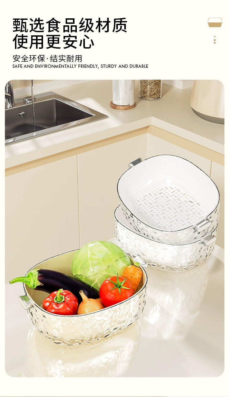 S44-ST6023水波纹双层沥水篮透明果蔬洗菜篮家用加厚滤水果盘篮详情图8