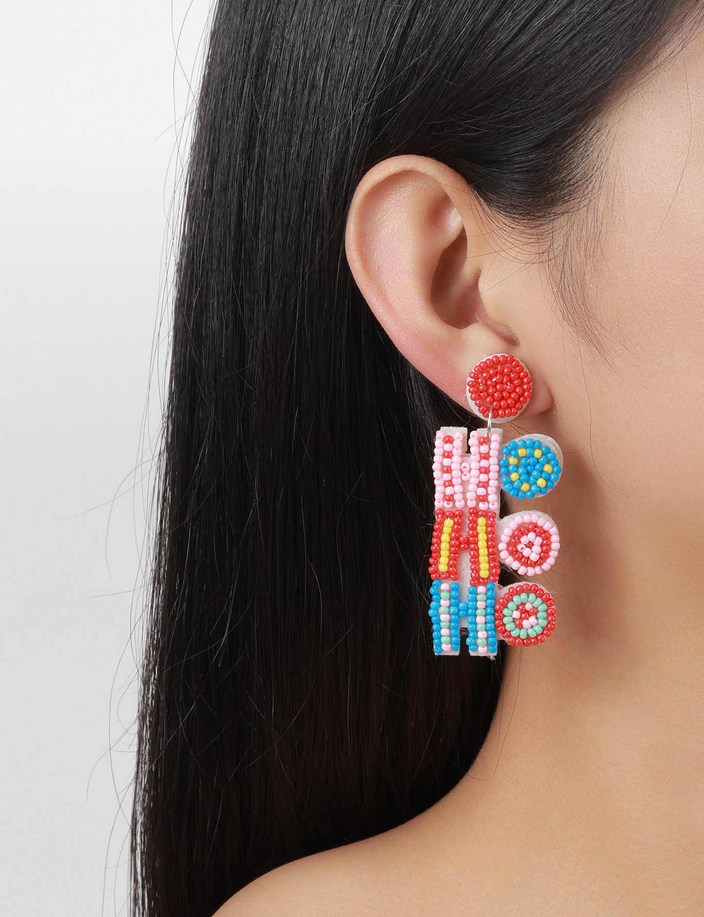 European and American cross-border handcrafted fabric rice beads Christmas HO letter fashion and creative fashion commuting ladies' earrings Specification image