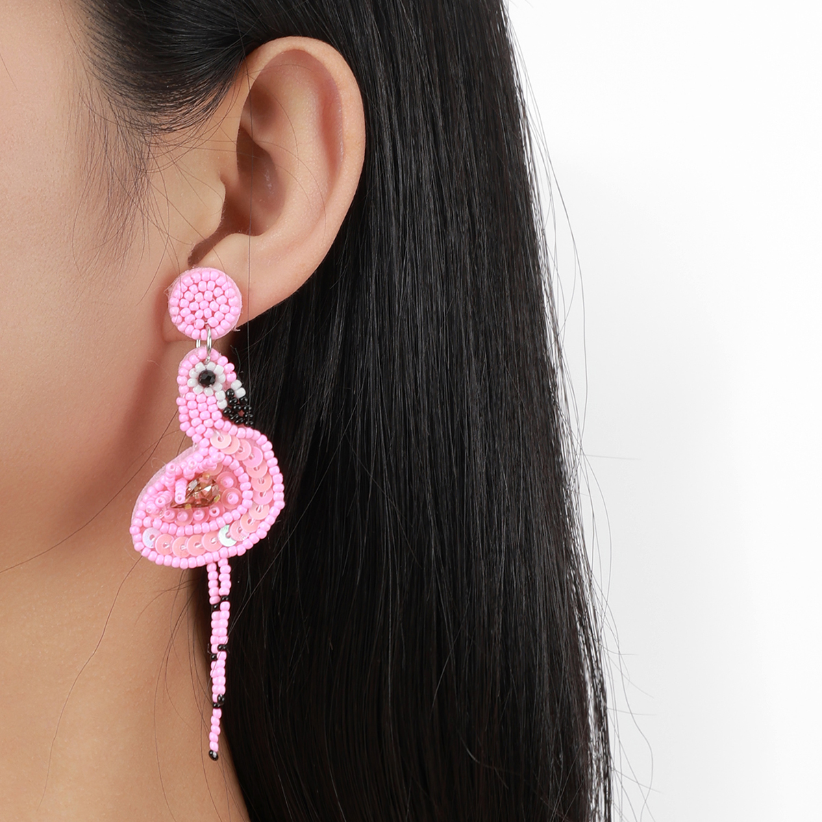 New cross-border creative pink flamingo fabric rice bead personalized handcrafted tassel women's earrings from Europe and America