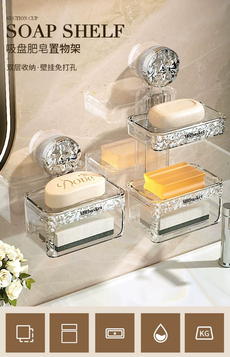 S44-S2309597 soap box Wall-mounted, non-drilling bathroom wall-draining storage rack, double-layer soap box detail image 2