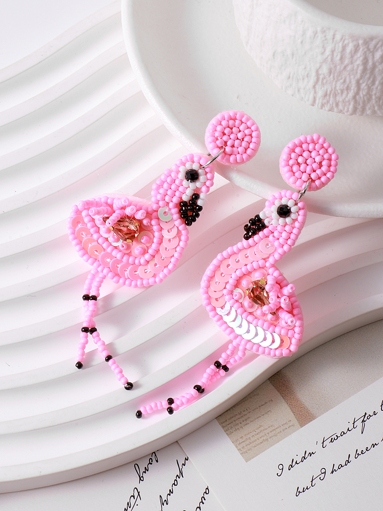 Europe And The United States Cross-Border New Creative Pink Flamingo Cloth Art Rice Beads Personality Hand-Tassel Women's Earrings Application Scenario