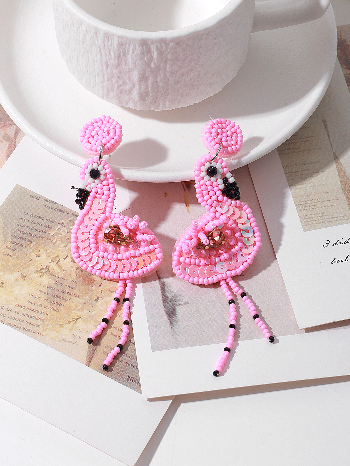New cross-border creative pink flamingo fabric rice bead personalized handcrafted tassel women's earrings from Europe and America Item Picture
