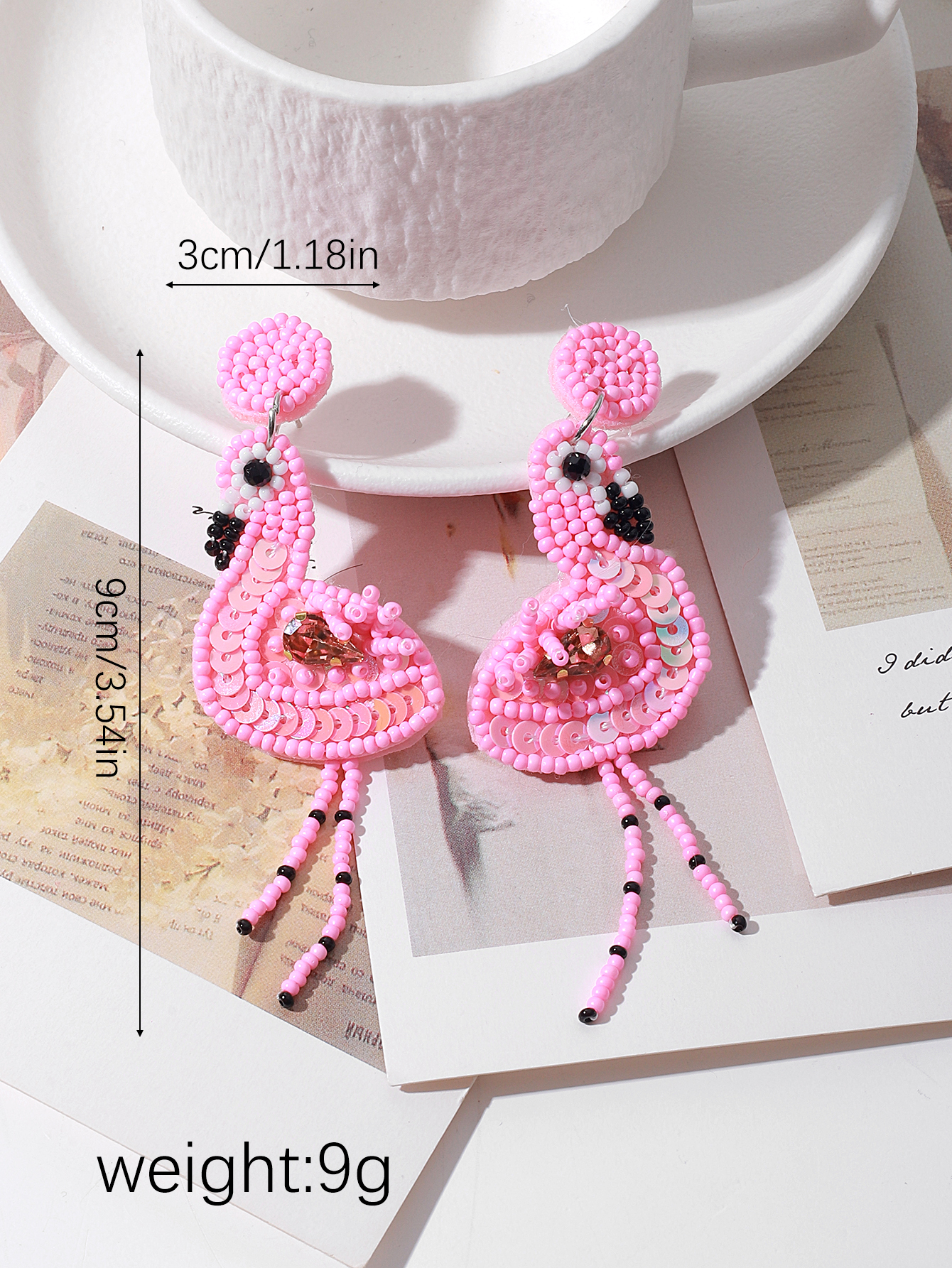 New cross-border creative pink flamingo fabric rice bead personalized handcrafted tassel women's earrings from Europe and America details Picture