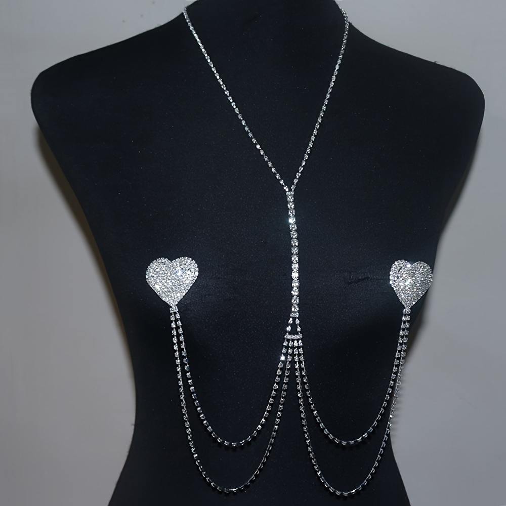 欧美性感水钻身体链 时尚豪华爱心乳贴胸贴胸链珠宝 比基尼珠宝