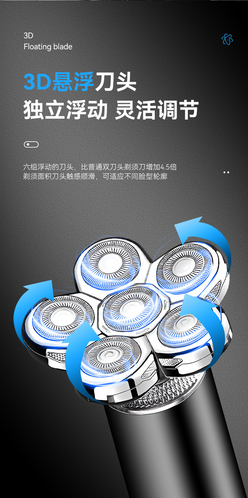 科美/KEMEI跨境多功能四合一刮胡刀全身水洗浮动五刀头电动剃须刀详情5