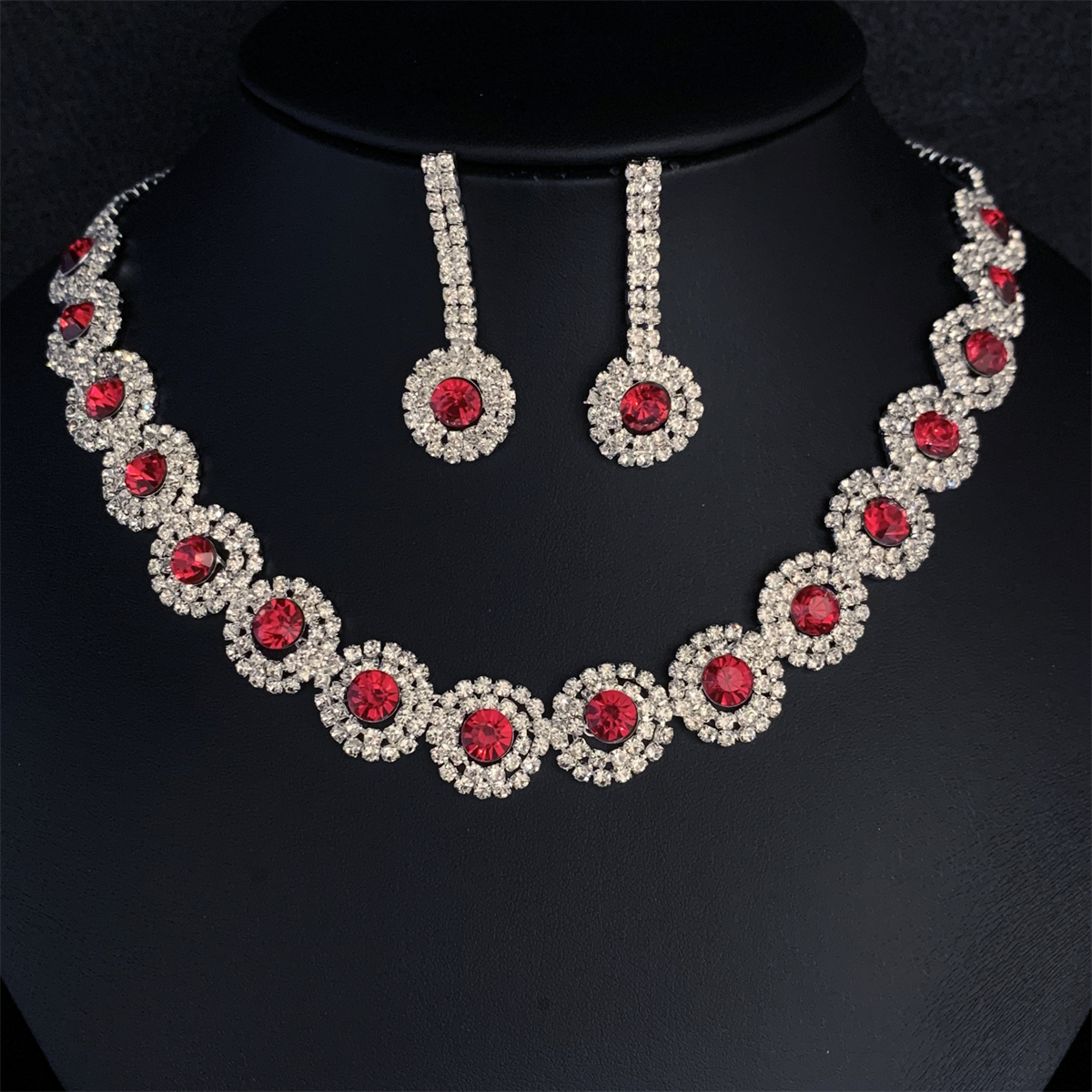 豪华时尚红色珍珠水钻项链耳环珠宝套装 浪漫婚礼珠宝配饰 新娘派对晚礼服珠宝