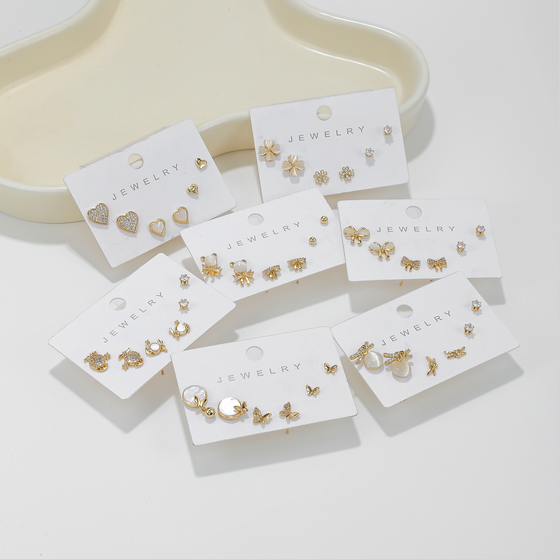 耳钉套装蝴蝶结微镶锆石耳饰s925银针轻奢小众爱心猫眼石耳环