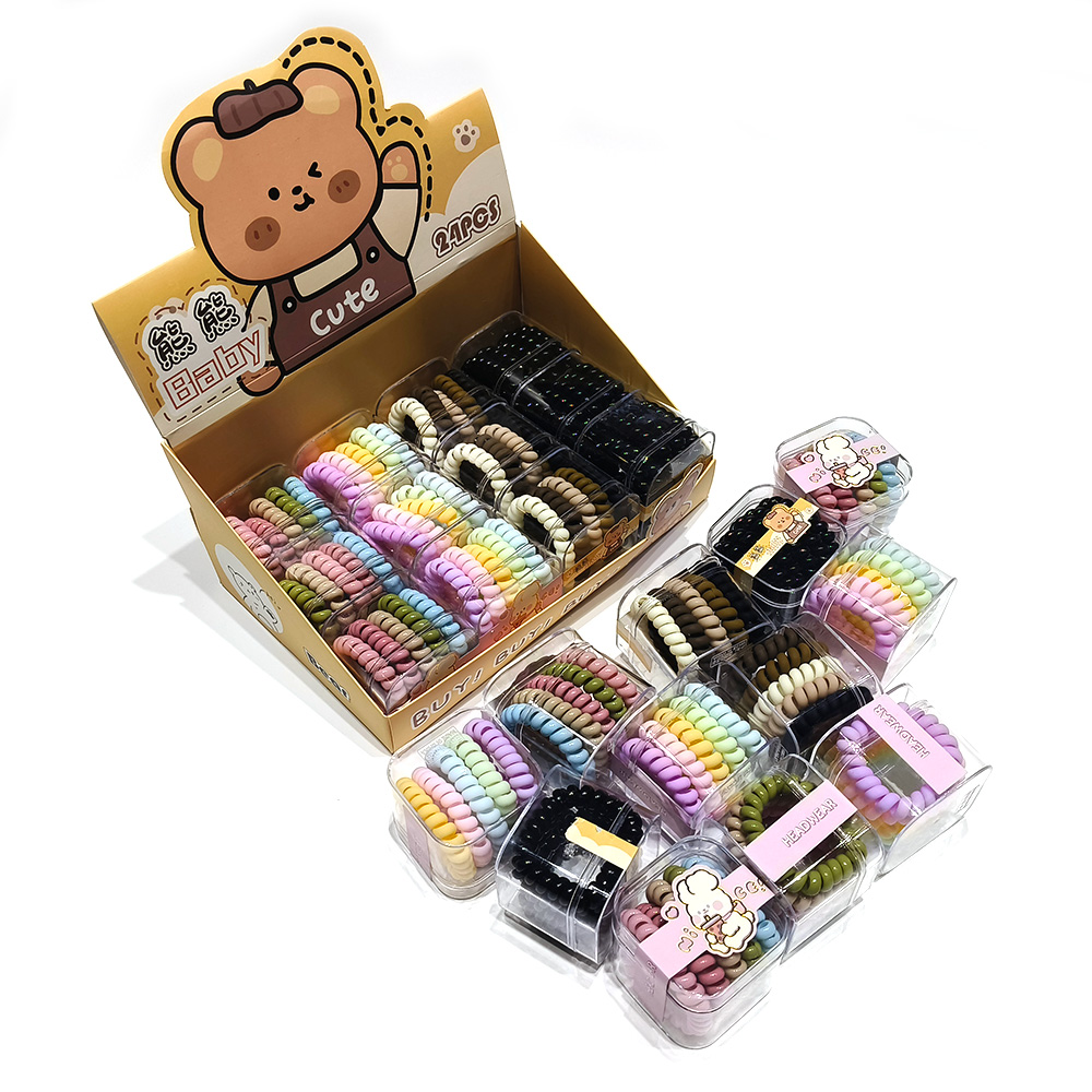 5 Pieces With Telephone Wire Hair Band Bear Box Women's Hair Tie Rope High Elastic Band Simple Ponytail Hair Accessories Durable Tie Hair Band Cross-Border Children's Transparent Square Box Hair Band