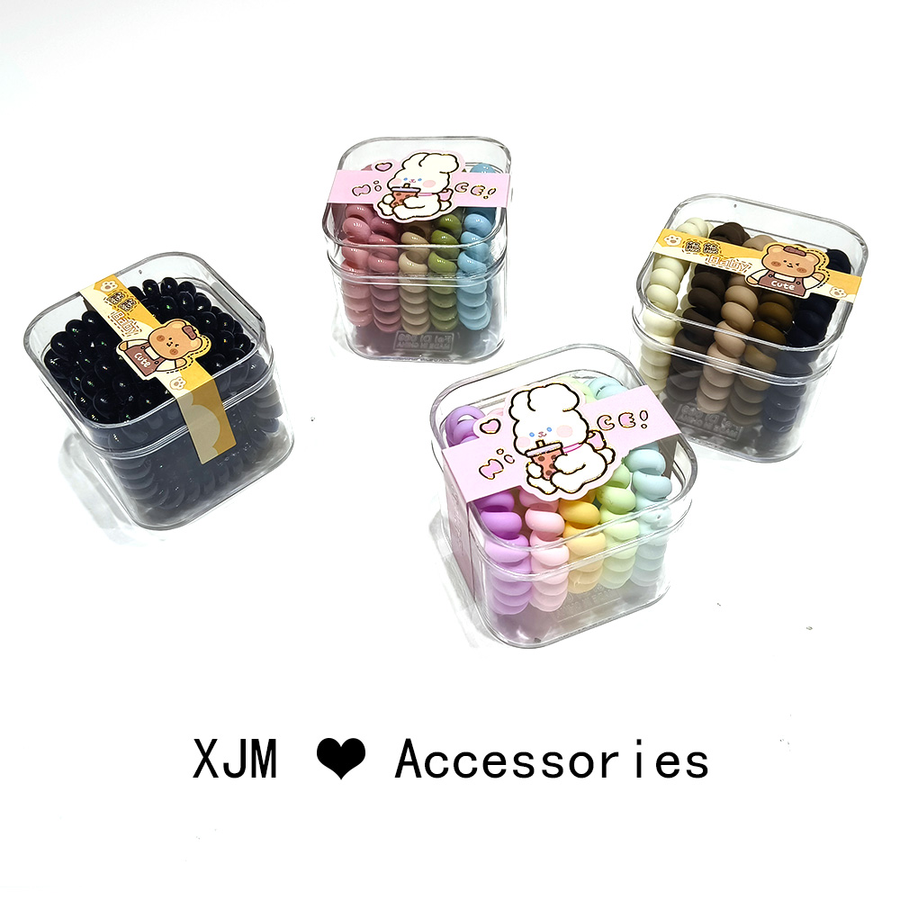 5 Pieces With Telephone Wire Hair Band Bear Box Women's Hair Tie Rope High Elastic Band Simple Ponytail Hair Accessories Durable Tie Hair Band Cross-Border Children's Transparent Square Box Hair Band Specification drawing