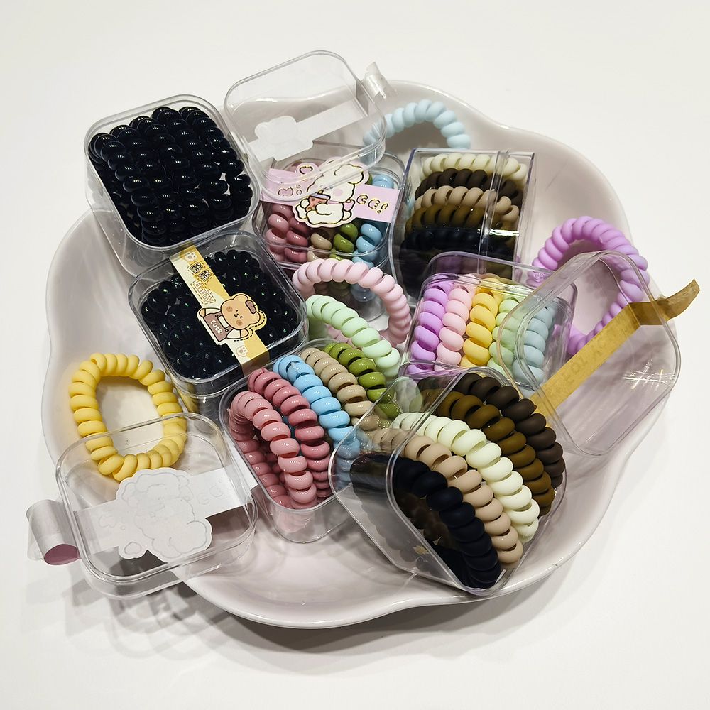 5 Pieces With Telephone Wire Hair Band Bear Box Women's Hair Tie Rope High Elastic Band Simple Ponytail Hair Accessories Durable Tie Hair Band Cross-Border Children's Transparent Square Box Hair Band Application Scenario
