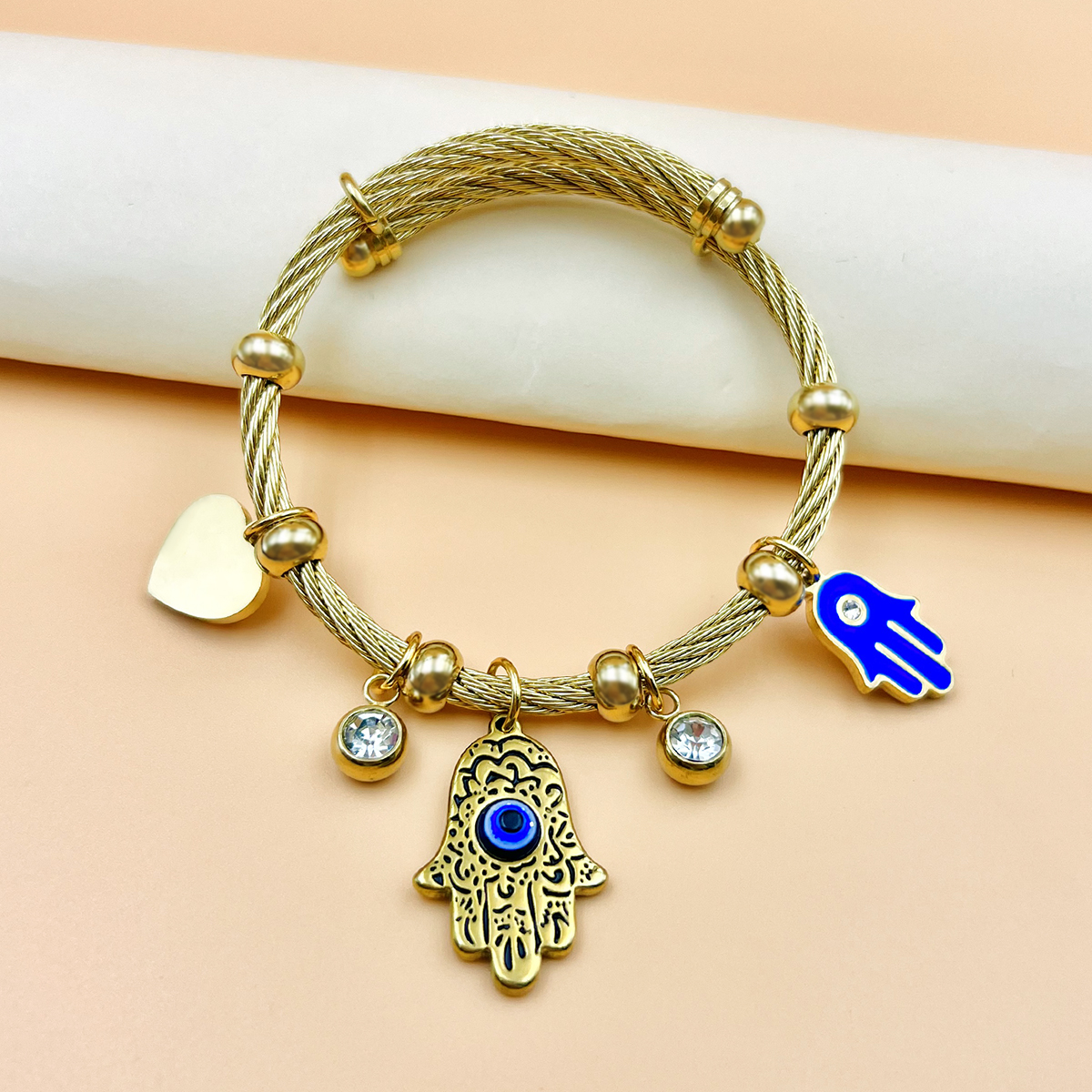 批发不锈钢法蒂玛之手邪恶之眼手掌手镯 土耳其伊蓝手掌钛钢手镯