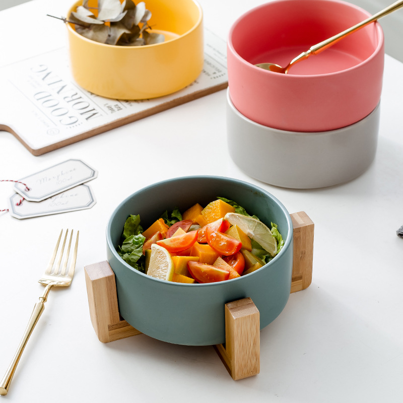 Cutlery Salad Ceramic Bowl Instant Noodle Bowl Western Food Bowl Double Bowl Ceramic Black Pet Bowl Wooden Rack Wholesale Ceramic Wooden Rack Salad Bowl 15.5Cm details Picture