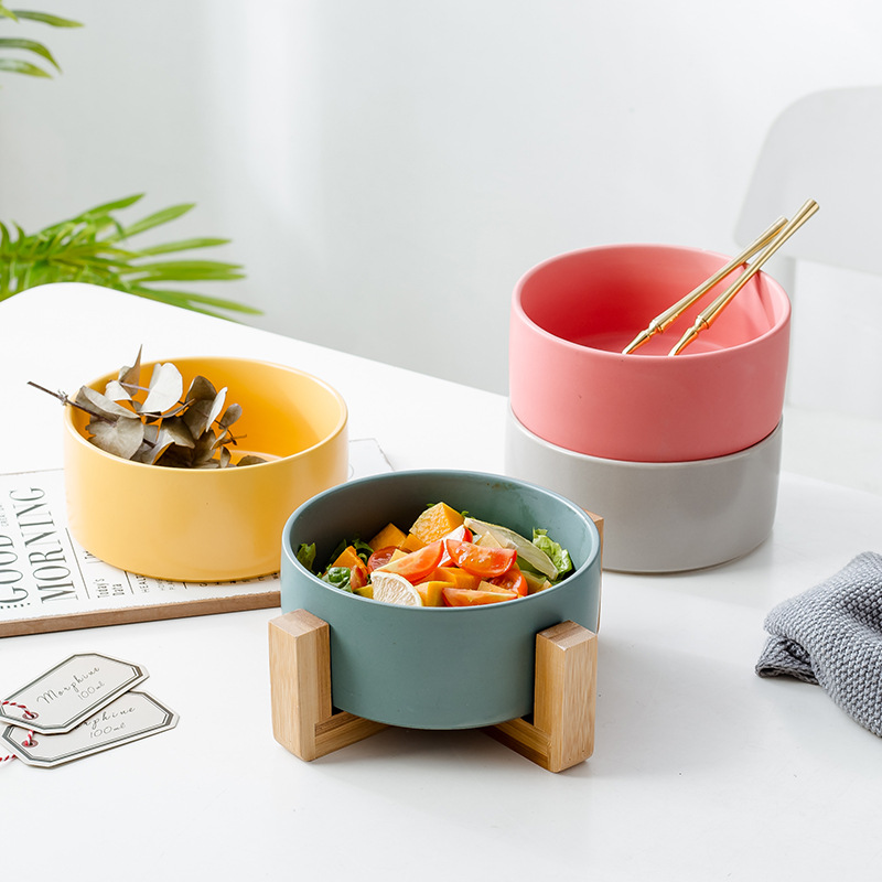 Cutlery Salad Ceramic Bowl Instant Noodle Bowl Western Food Bowl Double Bowl Ceramic Black Pet Bowl Wooden Rack Wholesale Ceramic Wooden Rack Salad Bowl 15.5Cm Specification drawing