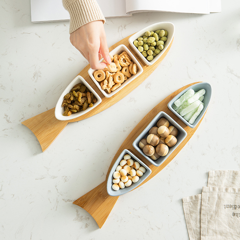 Nordic Simple Matte Glaze Ceramic Snack Bowl Platter Creative Fish-Shaped Inventory Heart Plate With Wooden Base Set Specification drawing