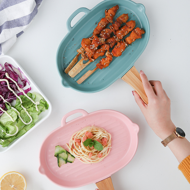 Nordic ceramic bread plates, Western steak plates, household wooden handle plating, breakfast plates, fruit trays, wooden handle plates details Picture